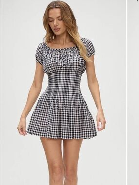 Frankie's Bikinis Black and White Gingham Puff-Sleeve Mini Dress